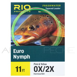 Bas de ligne RIO Euro Nymph 11' (3,40m) Départ chartreuse pointe rose/jaune